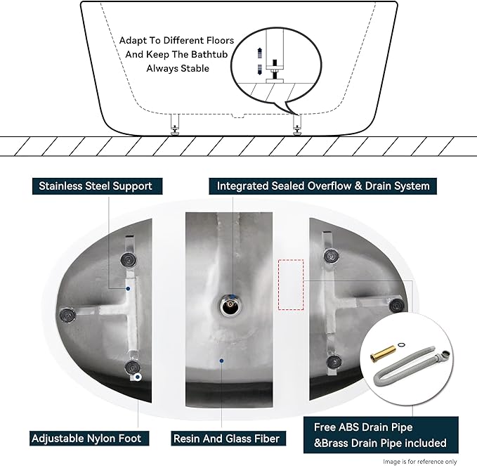 FerdY Koh Samui 65" Freestanding Bathtub, Elegant Oval Shape, Double Walled Insulation Bathtub with Center Polished White & Minimalist Linear Design Overflow