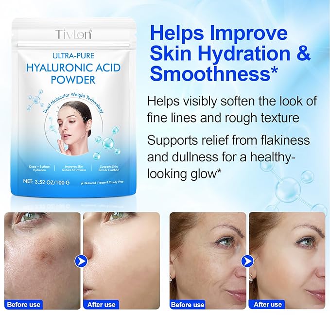 Hyaluronic Acid Powder for Skin, Hyaluronic Acid Powder, Water-Soluble Formula, DIY Low Molecular Face Mask for Anti-Aging & Hydration, Micro Ingredients Facial Serum 2 Pack