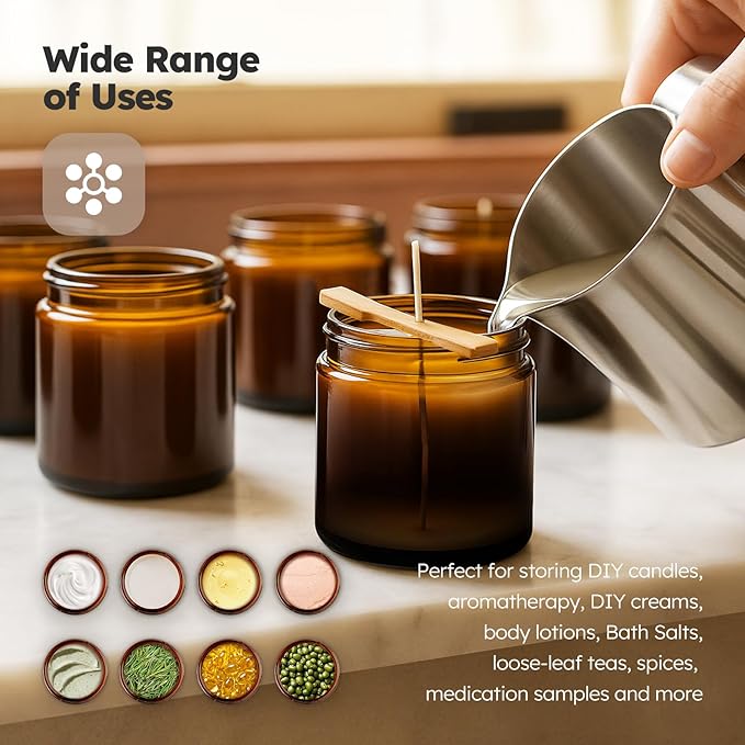 4 oz Glass Jars with Lids, 4 Pack Amber Glass Jars with Black Lids Leakproof Round Airtight Empty Cosmetic Travel Containers with Inner Liners For Lotions Powders and Candle Making
