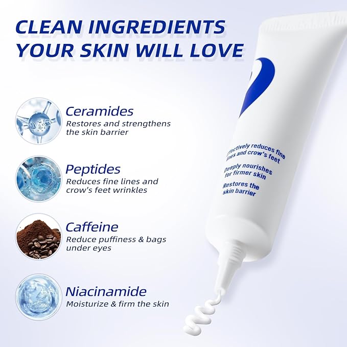 Eye Cream for Wrinkles & Crows Feet - with Essential Ceramides, Peptides & Caffeine & Niacinamide - Reduce Puffiness & Bags Under Eyes, Under Eye Cream for Women & Men, 0.5 Oz