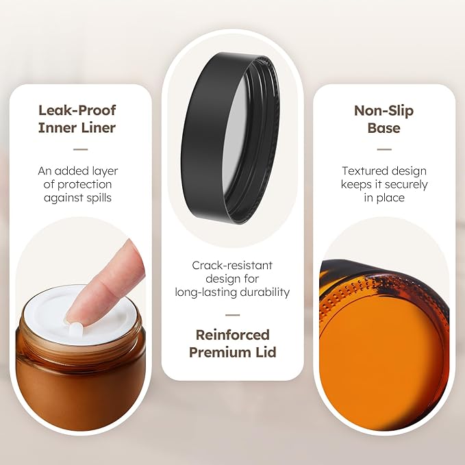 4 oz Glass Jars with Lids, 4 Pack Amber Glass Jars with Black Lids Leakproof Round Airtight Empty Cosmetic Travel Containers with Inner Liners For Lotions Powders and Candle Making