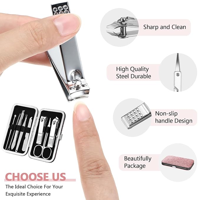 Lasnten 24 Set Manicure Set Bulk Nail Clippers Grooming Nail Kit Stainless Steel Professional Pedicure Kit Pedicure Tools with Travel Case Gifts for Men Women Personal(8 in 1,Shiny Pink)
