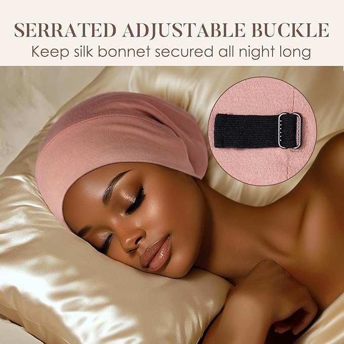 LULUSILK Mulberry Silk Bonnet for Sleeping Women, No More Frizzy Tangled Hair, Stay On All Night Silk Hair Wrap for Sleeping with Adjustable Strap, Silk Sleep Cap for Women and Men, Pink, Pack of 1