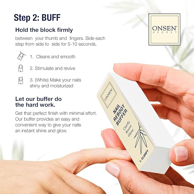 Onsen Secret Ultimate Nail Reboot Kit - Professional Nail File and Buffer, 3-Way Block w/Replacement Pads, Nail Strengthening Cuticle Cream, Reboot Oil & Anti Aging Hand Lotion