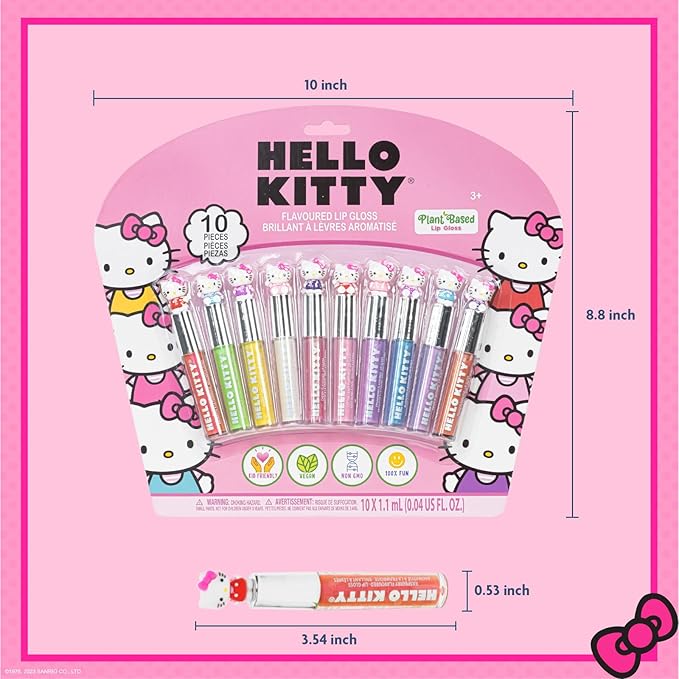 Hello Kitty 10 Piece Plant Based Lip Gloss, Girls Party Favors, First Makeup Set for Girl, Perfect for Parties, Sleepovers, and Birthday Gifts, Ages 3+, by Townley Girl