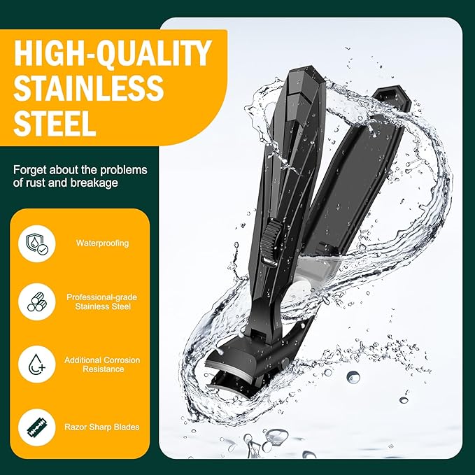 FVION Ergonomic Angled Toenail Clippers for Thick Nails – Long Handle Nail Cutter with Lock & Catcher, Stainless Steel Clippers for Seniors, Men & Women (Black)