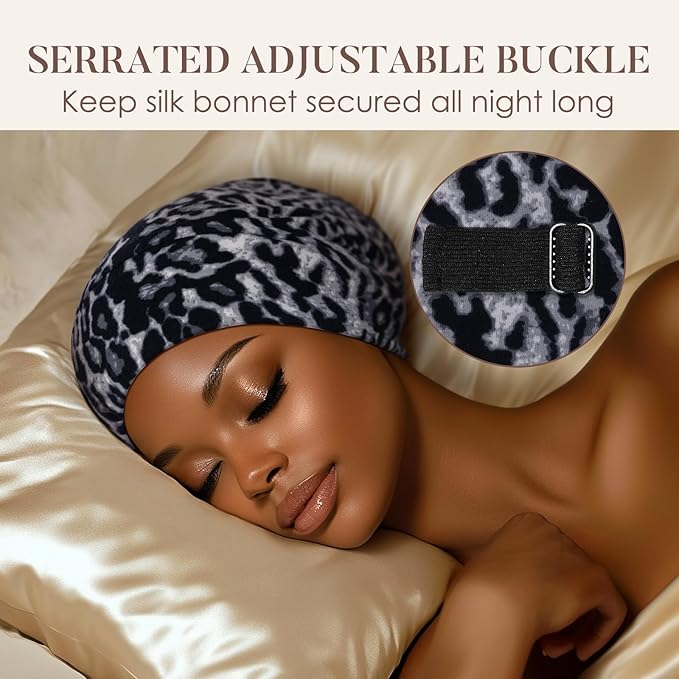 LULUSILK 100% Mulberry Silk Lined Sleep Cap, No More Frizzy Tangled Hair, Stay On All Night Adjustable Silk Hair Wrap for Sleeping, Black Leopard, Pack of 1
