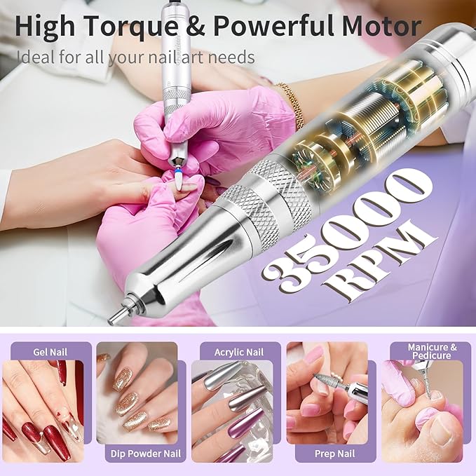Electric Nail Drill File, Professional Portable Nails Drills Kit with Rechargeable Stand 7 Bits, Cordless E Filer for Gel Acrylic uñas Nails Remover Home Salon Manicure Pedicure Tools, Purple