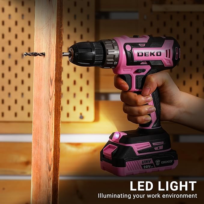 Power Drill Cordless: DEKO PRO Pink Cordless Drill 20V Electric Power Drill Set Tool for Women Drills with Battery and Charger 20 Volt Drills Driver Kit