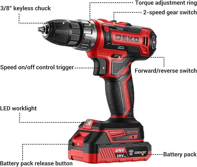 Power Drill Cordless: DEKO PRO Cordless Drill 20V Electric Power Drills Set Tool for Women with Battery and Charger 20 Volt Drills Driver Kit Red
