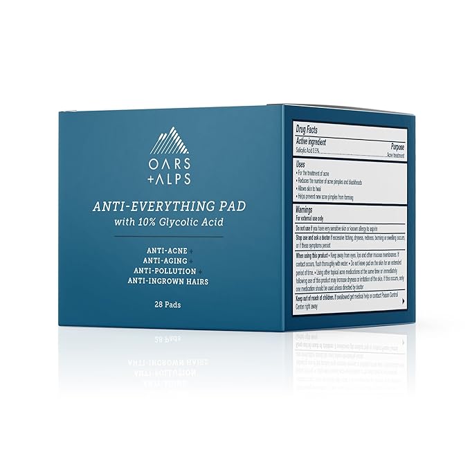Oars + Alps Anti Everything Pads & Blackhead Remover, Facial Cleanser & Exfoliator with 10% Glycolic & Salicylic Acids for All Skin Types, Exfoliant Hydrates Skin & Reduces Blackheds, Wrinkles,28 ct