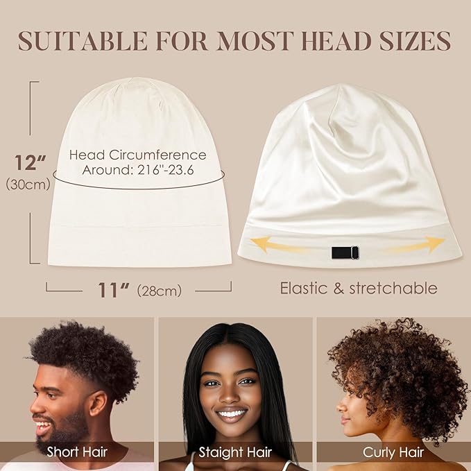 LULUSILK Mulberry Silk Lined Sleep Cap, No More Frizzy Tangled Hair, Stay On All Night Silk Hair Wrap for Sleeping with Adjustable Strap, Silk Bonnet for Women and Men, White, Pack of 1