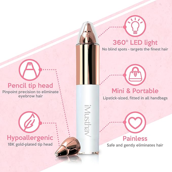 Portable Eyebrow Hair Remover for Women – Painless, Fast & Precise Flawless Electric Razor & Epilator for Eyebrow, Nose, Ear Hair Removal – 18K Gold-Plated, 360° LED Light