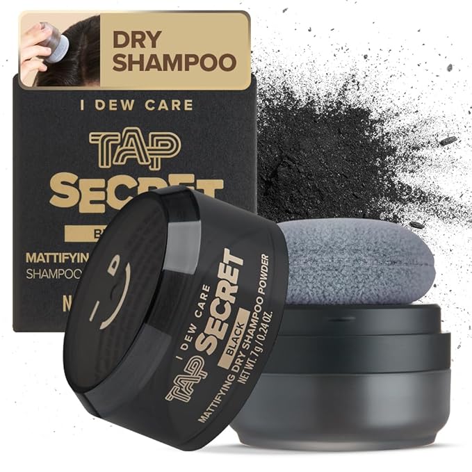 I DEW CARE Biotin Clarifying Dry Shampoo - Tap Secret Black | Strengthening & Volumizing, Powder Type, Refillable, Travel size, Non-aerosol, Black Hair, Korean Ginseng, 0.24 Oz
