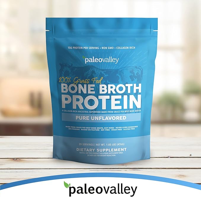 Paleovalley 100% Grass Fed Beef Bone Broth Protein Powder - Rich in Collagen Peptides for Hair, Skin, Gut Health, Bone and Joint Support - 30 Servings, 15g Protein Per Serving - No Gluten or GMOs