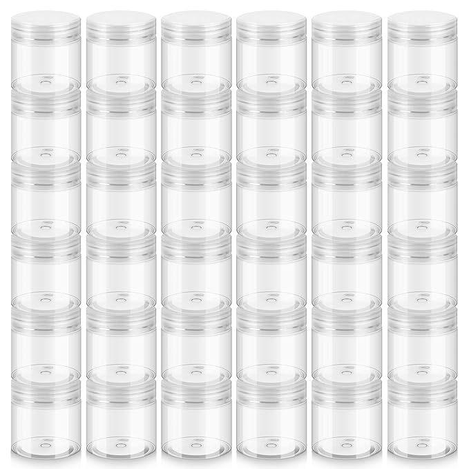 36 Pack 2 OZ Plastic Jars with Lids, BPA Free, Reusable, Refillable Transparent Cosmetic Containers for Bath Salts, Cosmetics, Powders, Beauty Product and Small Accessories - White