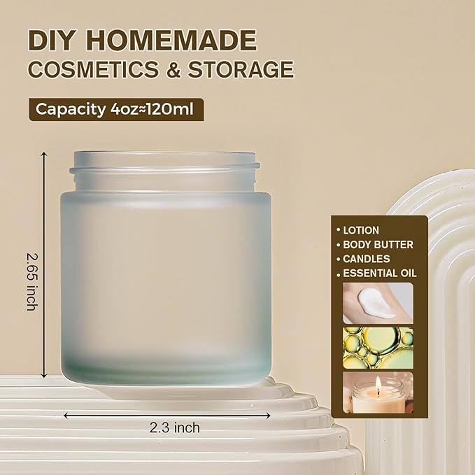 4oz Jars with Lids, Hoa Kinh 12 Pack Frosted Glass Jars with Lids Empty Cosmetic Containers Round Airtight Glass Jar with Inner Liners and Woodgrain Lid for Storing Lotions, Powders, and Ointments