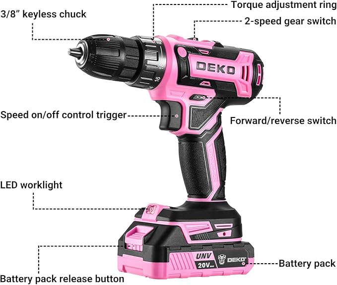 Power Drill Cordless: DEKO PRO Pink Cordless Drill 20V Electric Power Drill Set Tool for Women Drills with Battery and Charger 20 Volt Drills Driver Kit