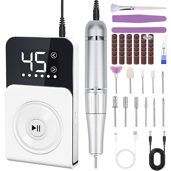 Nail Drill, Professional 45000RPM Electric Nail File with 12 Drill Bits Remover Gel Nail Polish Acrylic Nails Manicure for Salon Home(White)