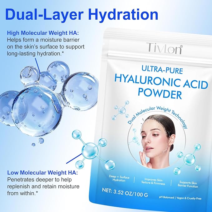 Hyaluronic Acid Powder, Pure Hyaluronic Acid Powder for Skin & Face, Cosmetic Grade, Low Molecular Weight, Water-Soluble DIY Facial Serum for Face Hydration & Moisture (1PCS)