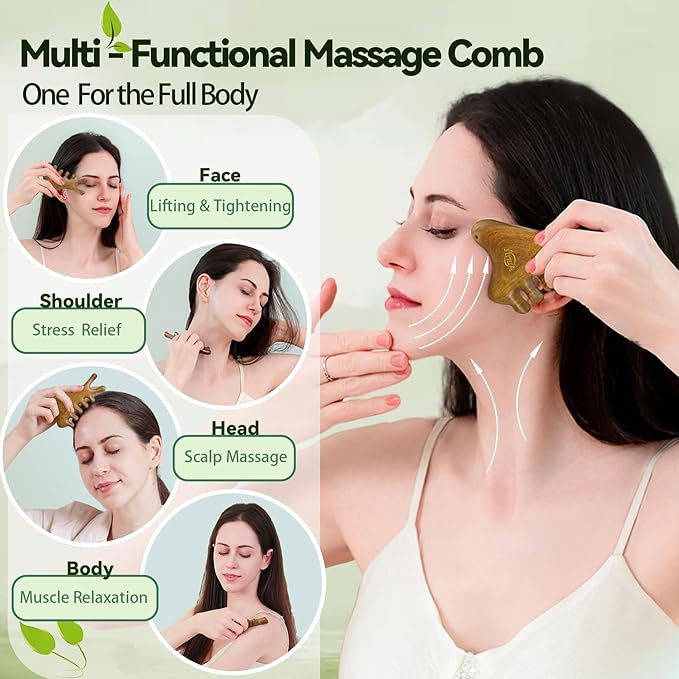Gua Sha Tool for Face & Body โ 4 in 1 Natural Green Sandalwood,Lymphatic Drainage,Jaw Lifting & Nose Sculpting, Head Massage Comb for Stress Relief,Home Office Self Care,Gifts for Mom Girl Friend