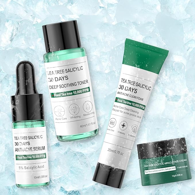 Tea Tree Salicylic Acid Facial Skin Care Set, Travel Size Gifts Set Cystic Hormonal Acne Treatment Face Wash Cleanser, Facial Toner Cream Moisturizer Travel Essentials for Pimple Adult Oil Control Kit
