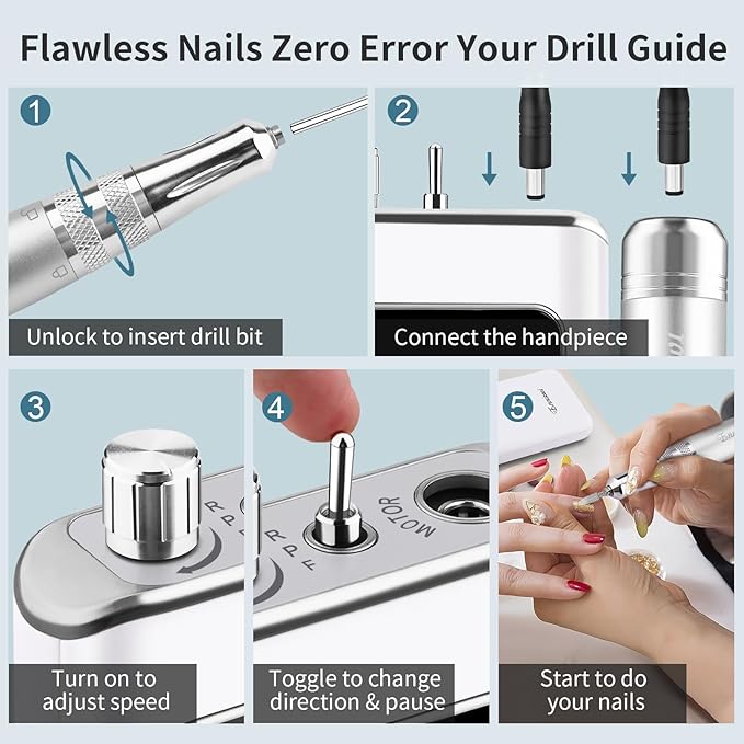 Electric Nail Drill File, Professional Portable Nails Drills Kit with Rechargeable Base 7 uñas Bits, Cordless Efile for Poly Gel Acrylic Nails Remover Home Salon Pedicure Manicure Tool, White