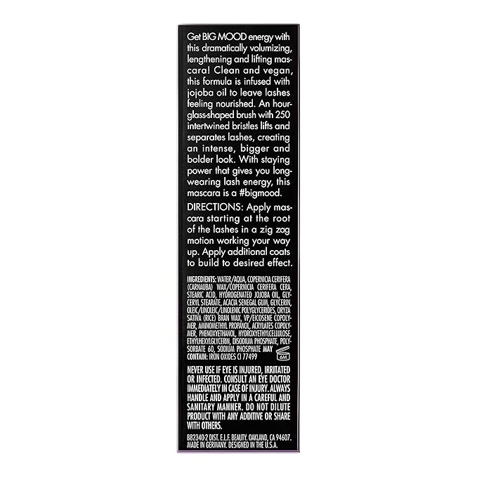 e.l.f. Big Mood Mascara Mini, Instantly Creates Long-Lasting, Bold & Lifted, Voluminous Lashes, Infused with Jojoba Wax, Black