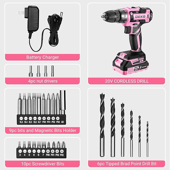 Power Drill Cordless: DEKO PRO Pink Cordless Drill 20V Electric Power Drill Set Tool for Women Drills with Battery and Charger 20 Volt Drills Driver Kit