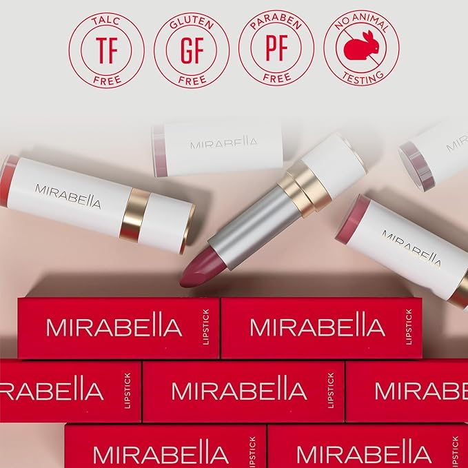 Mirabella Sealed with a Kiss Full Coverage Moisturizing Lipstick, Richly Pigmented, Ultra Creamy, Hydrating and Mineral-Based Lip Color with Antioxidant Vitamin E in Matte & Shine Shades, Coral Crush