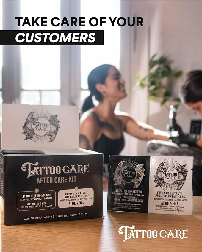 Tattoo Aftercare Kit - Cream and Soap (50-Pack), Brightening Formula for Tattoo Artists & Travel - Ink Hydration Tattoo Lotion Pillow Packs