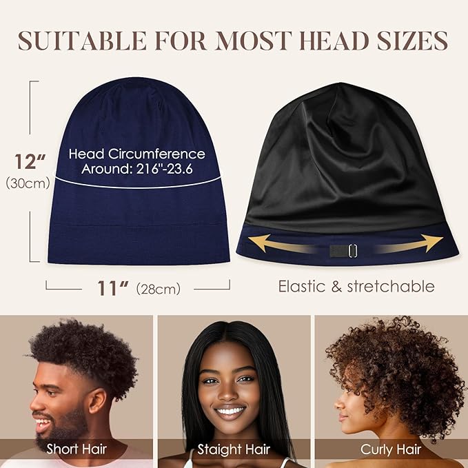 LULUSILK Mulberry Silk Lined Sleep Cap, No More Frizzy Tangled Hair, Stay On All Night Adjustable Silk Hair Wrap for Sleeping, Navy Blue, Pack of 1