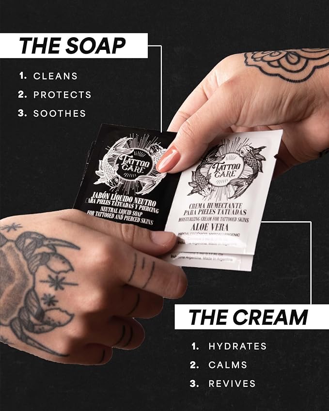 Tattoo Aftercare Kit - Cream and Soap (50-Pack), Brightening Formula for Tattoo Artists & Travel - Ink Hydration Tattoo Lotion Pillow Packs