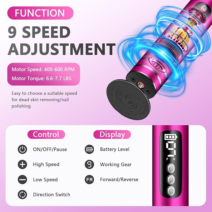 EAONE Portable Electric Foot File-Callus Remover for Feet, Professional 2 in 1 Foot/Nail Filer -Digital Display for Battery Level & 9 Speed Control-Rechargeable Pedicure Tool for Dead Skin (Black)