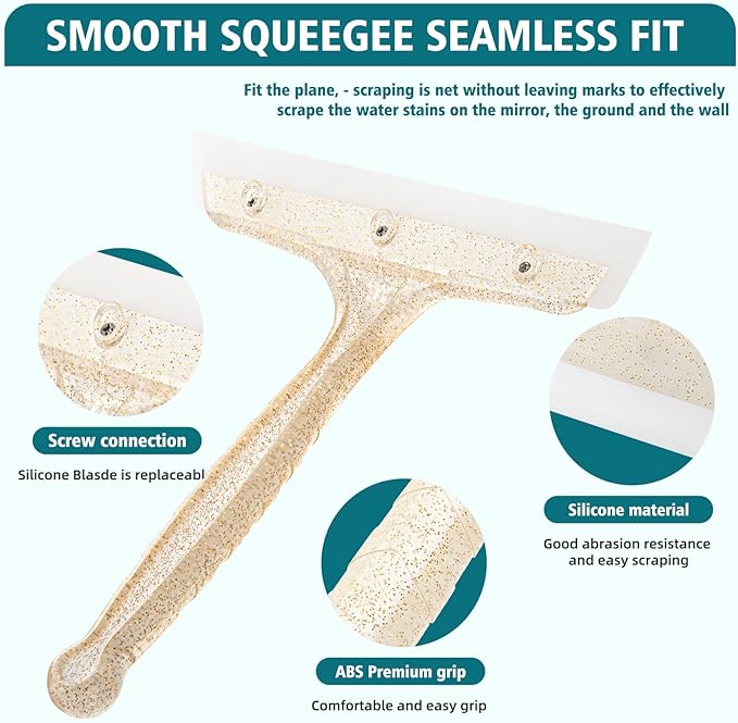 Shower Squeegee for Glass Doors, Bathroom Squeegee for Shower, Window Squeegee, Home Bathroom Silicone Cleaner Tool, Suitable for Bathroom, Kitchen, Tile, Mirror, Car Glass, by LTLUTU, 8in Golden