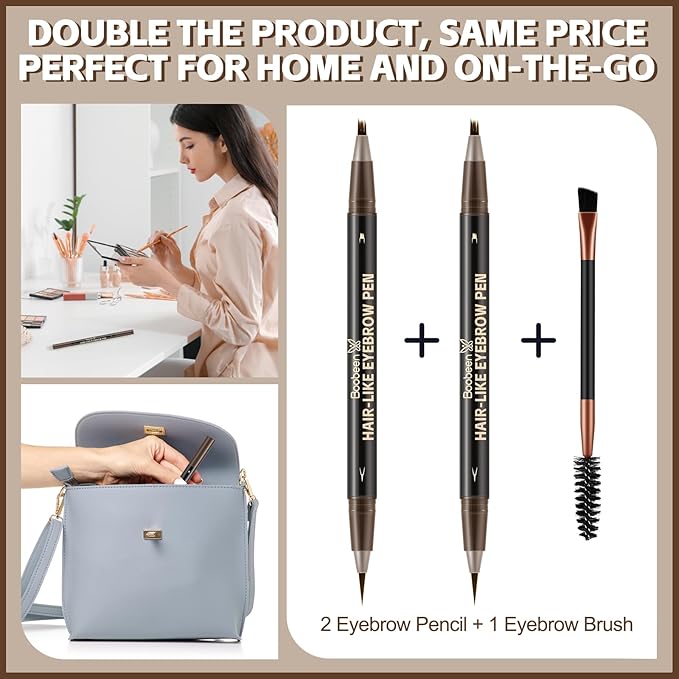 Boobeen 2pcs Waterproof Eyebrow Pen,Dual-Ended Eyeliner Microblading Eyebrow Pencil for Women,Long Lasting Hair-Like Brow Pen with Brow Brush,Dark Brown