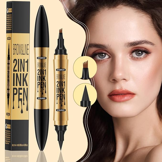 3D Four-Tip Eyebrow Pen & Eyeliner Duo - Waterproof, Long-Lasting, Smudge-Proof, Easy to Use for Perfect Brows and Defined Eyes - Light Brown Eyebrow Pencil & Black Eyeliner