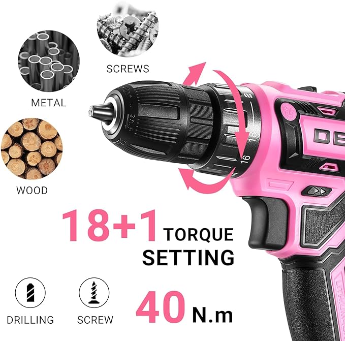 Power Drill Cordless: DEKO PRO Pink Cordless Drill 20V Electric Power Drill Set Tool for Women Drills with Battery and Charger 20 Volt Drills Driver Kit