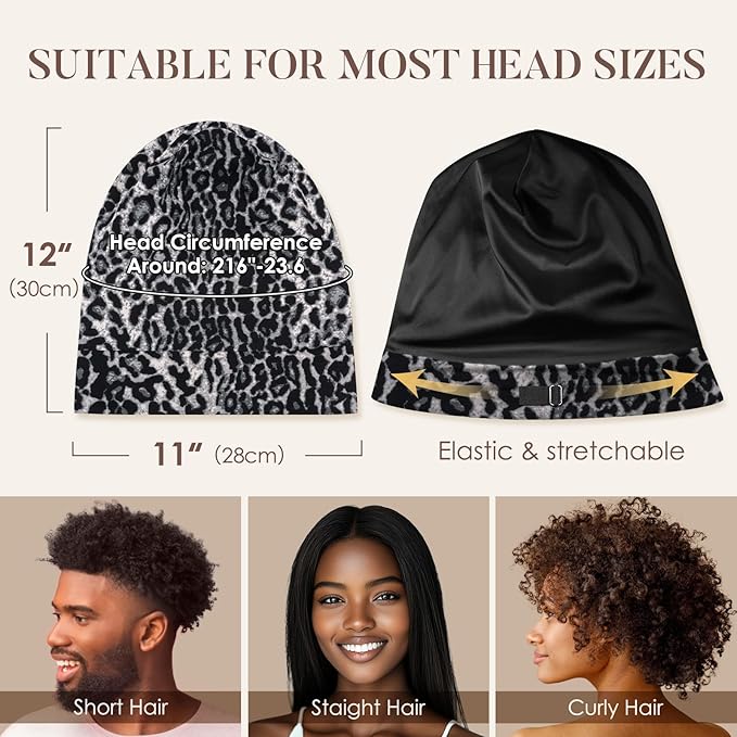 LULUSILK 100% Mulberry Silk Lined Sleep Cap, No More Frizzy Tangled Hair, Stay On All Night Adjustable Silk Hair Wrap for Sleeping, Black Leopard, Pack of 1