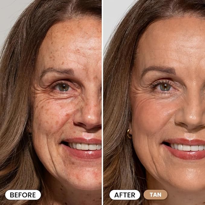 PrimeSkin CC+ Cream for Mature Women – Lightweight Liquid-to-Powder Foundation – Blurs Pores & Covers Age Spots – Crease-Free, Hydrating & Soft-Matte Finish for Sensitive Skin (Tan)