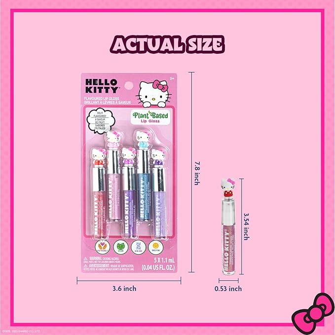 Townley Girl Hello Kitty 5 Pc Plant Based, Moisturizing Lip Gloss Makeup Set for Girls Kids Toddlers, Perfect for Parties Sleepovers Makeovers Birthday Gift for Girls 3 Yrs+