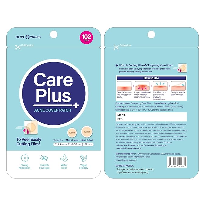 OLIVE YOUNG Care Plus Spot Patch | Hydrocolloid Acne Korean Spot Patch to Cover Zits, Pimples and Blemishes, for Troubled Skin and Face (Hydrocolloid, 204 Count (Pack of 2))