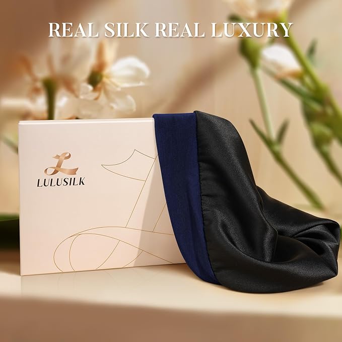 LULUSILK Mulberry Silk Lined Sleep Cap, No More Frizzy Tangled Hair, Stay On All Night Adjustable Silk Hair Wrap for Sleeping, Navy Blue, Pack of 1