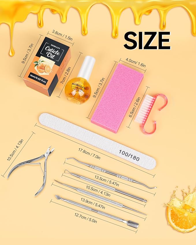 MORGLES Cuticle Remover Tools, Nail Files and Buffers Set with 1 Orange Cuticle Oil, Trimmer and Pusher, Nail Care Kit for Women