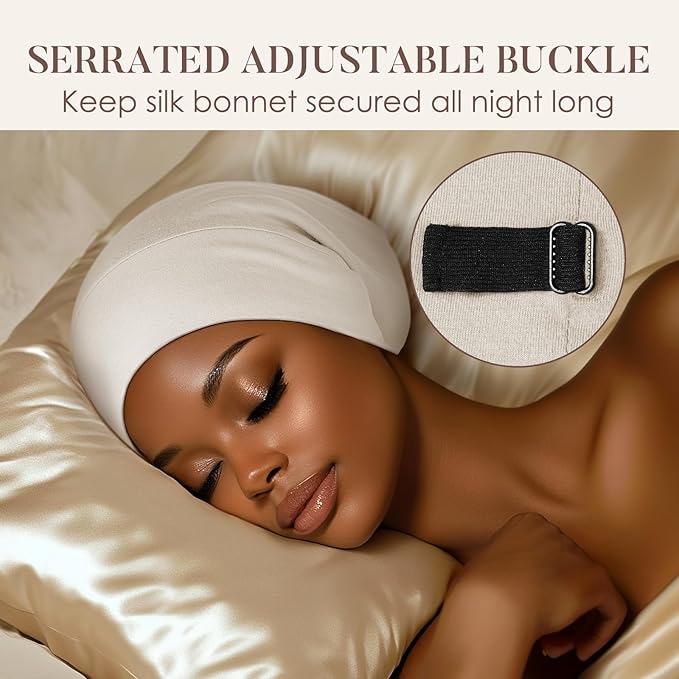 LULUSILK Mulberry Silk Lined Sleep Cap, No More Frizzy Tangled Hair, Stay On All Night Silk Hair Wrap for Sleeping with Adjustable Strap, Silk Bonnet for Women and Men, White, Pack of 1