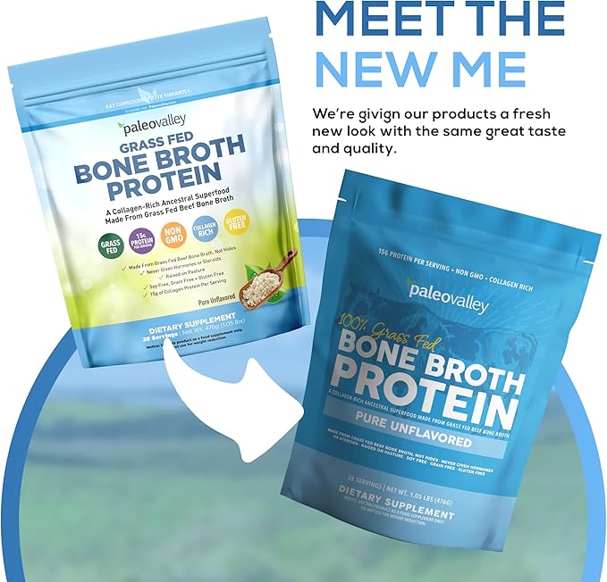 Paleovalley 100% Grass Fed Beef Bone Broth Protein Powder - Rich in Collagen Peptides for Hair, Skin, Gut Health, Bone and Joint Support - 30 Servings, 15g Protein Per Serving - No Gluten or GMOs