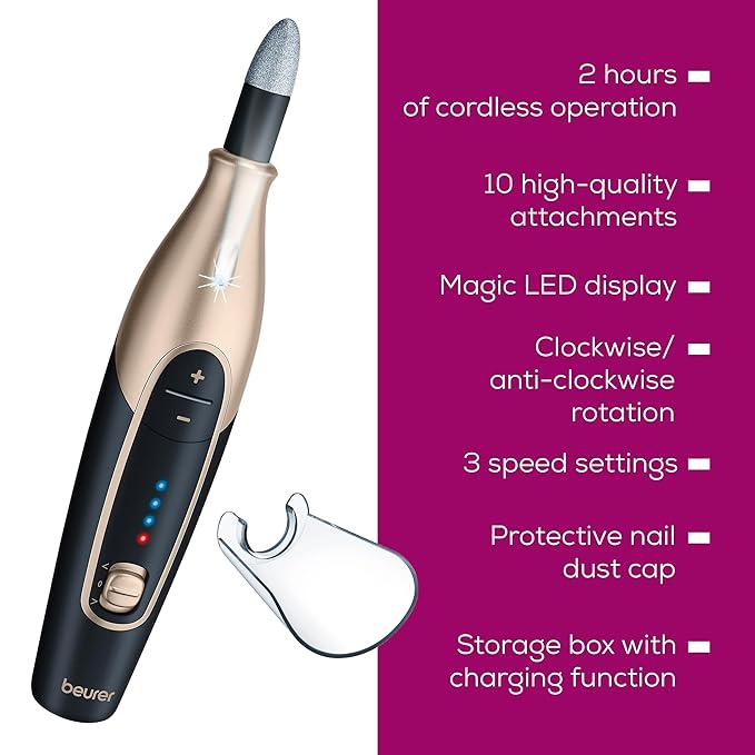 Beurer MP84BLK Nail Pro Deluxe - 14-Piece Professional Manicure & Pedicure Nail Drill Kit, Cordless, Rechargeable Electric Nail File with Attachments, LED Light, USB-c Charging & Storage Case