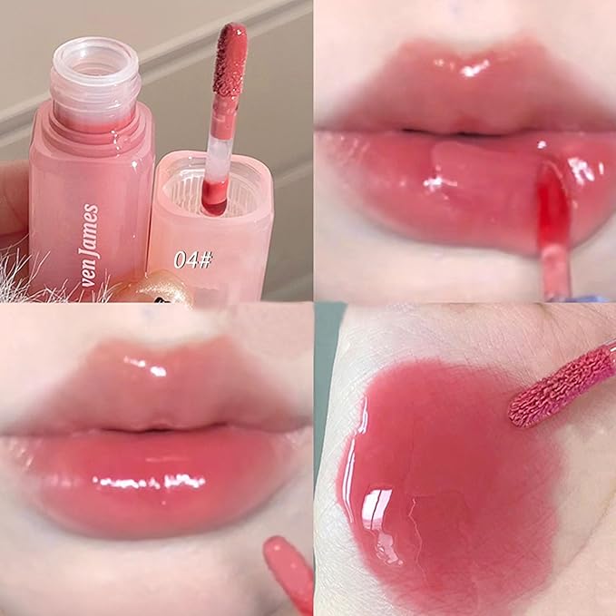 Dulele 4PCS Jelly Lip Gloss Hydrating Lip Glaze, Glossy Plumping Lipgloss Waterproof Non-Stick Cup Tinted Lip Balm, Mirror Finish Liquid Lipstick for Women and Girls