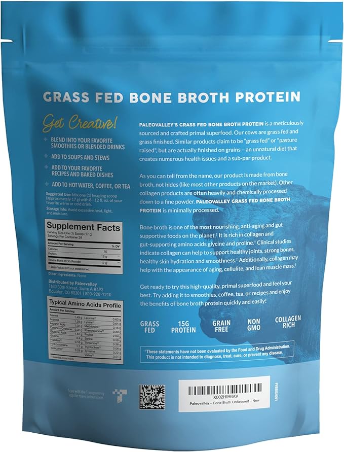 Paleovalley 100% Grass Fed Beef Bone Broth Protein Powder - Rich in Collagen Peptides for Hair, Skin, Gut Health, Bone and Joint Support - 30 Servings, 15g Protein Per Serving - No Gluten or GMOs