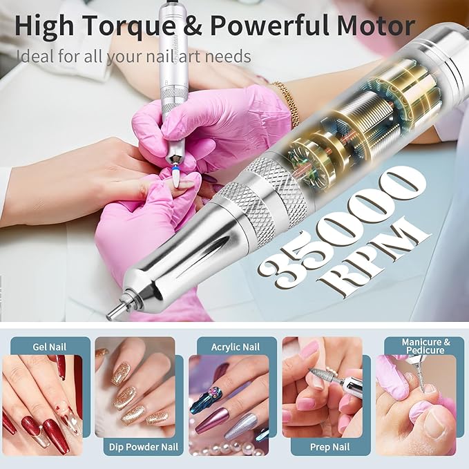 Electric Nail Drill File, Professional Portable Nails Drills Kit with Rechargeable Base 7 uñas Bits, Cordless Efile for Poly Gel Acrylic Nails Remover Home Salon Pedicure Manicure Tool, White